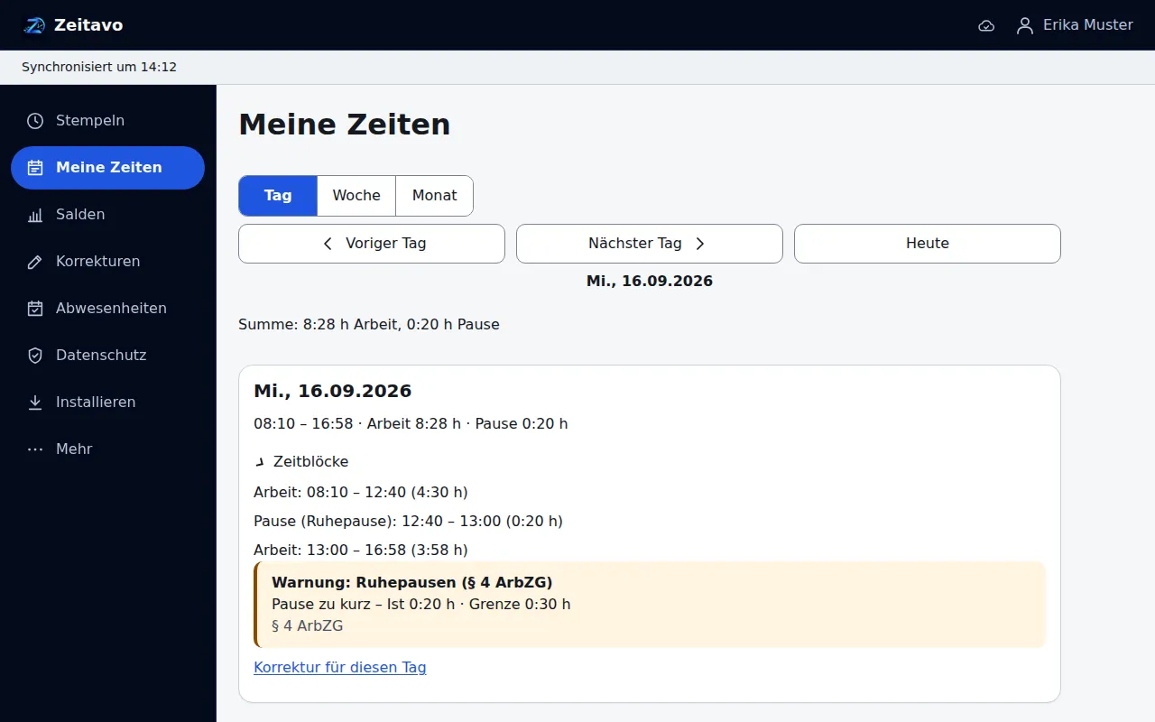 Meine Zeiten: ein Arbeitstag mit Arbeits- und Pausenblöcken und der Warnung „Pause zu kurz – Ist 0:20 h, Grenze 0:30 h, § 4 ArbZG“